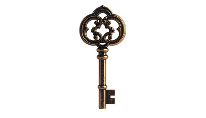 Ornate bronze skeleton key, detailed with intricate design, isolated on black