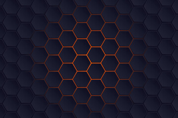 Dark abstract background with a glowing orange hexagon pattern creating a modern, high-tech, and futuristic design for technology or gaming themes