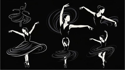 Dancers in various ballet poses illustrated in white on a black background
