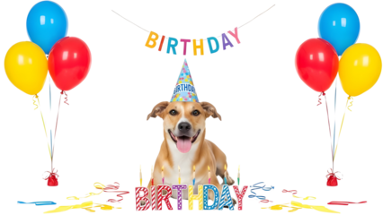 Happy Dog wearing Birthday Party Hat with Colorful Balloons and Confetti Isolated on White