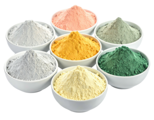 Seven bowls of different colored powders on black