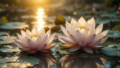 Beautiful Lotus Flowers Floating on Calm Water at Sunset