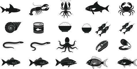 Seafood silhouette vector set featuring fish shellfish octopus caviar and marine food icons in black style © Rubya