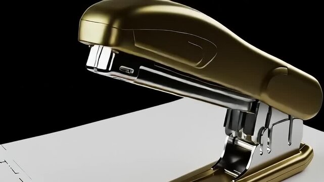 Golden stapler resting on a white sheet of paper, with a sleek black background emphasizing its design
