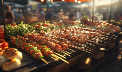 Vibrant street food stall with freshly grilled skewers, bright daylight, rich warm tones, bustling urban market atmosphere, appetizing close-up shot,