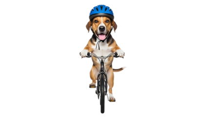 Humorous Beagle dog cyclist wearing a blue helmet riding a bicycle isolated on white background