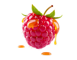 Vibrant raspberry dripping with golden syrup, on a stark black background