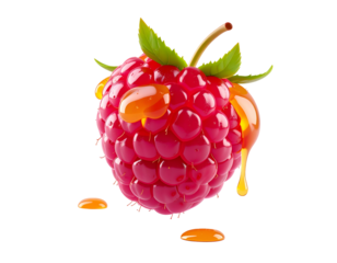 Vibrant raspberry dripping with golden syrup, on a stark black background