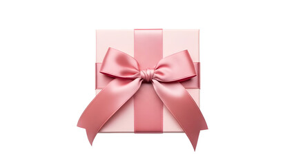 Top view of pink gift box with satin bow isolated on white background