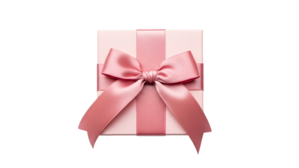 Top view of pink gift box with satin bow isolated on white background