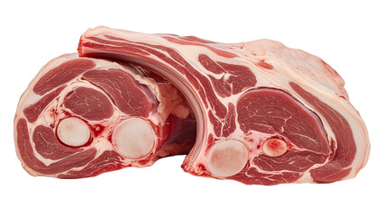 Two raw lamb shanks isolated on white background, ready for cooking and butchery use.