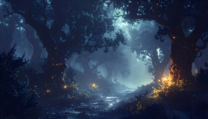 Deep dark magical forest scene