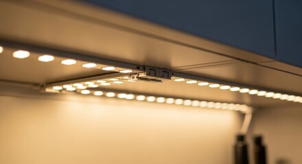 Closeup showing snap connectors joining multiple LED strip sections seamlessly for extended length under kitchen cupboards.