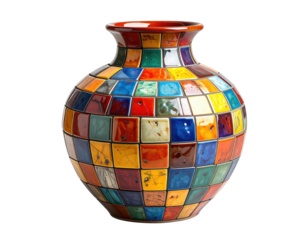 Colorful, tiled vase with rounded body and narrow neck