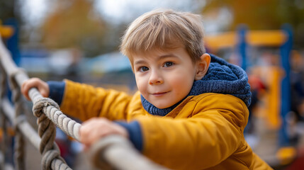 Obraz premium Boy in yellow and blue playing on playground faceless, holding ropes, recreational activity, childhood fun, defocused background, with copy space