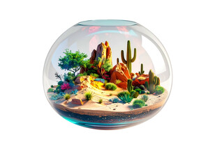 A desert landscape within a glass orb, showcasing vibrant flora