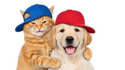 Funny ginger kitten and golden retriever puppy friends wearing red and blue baseball caps