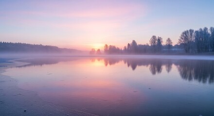 Serene pastel sunrise over a misty lake with reflections of trees.
