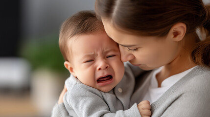 Crying baby held by mother faceless, infant in gray onesie, emotional moment, parenting scene, defocused background, with copy space