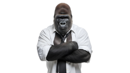Serious silverback gorilla in business shirt and tie with arms crossed isolated on white background