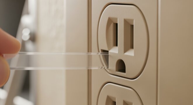 Closerange footage of a thin plastic shim being slid behind a shifting electrical outlet to enhance mounting firmness.