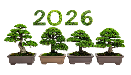 Four bonsai trees beneath the number 2026, composed of foliage