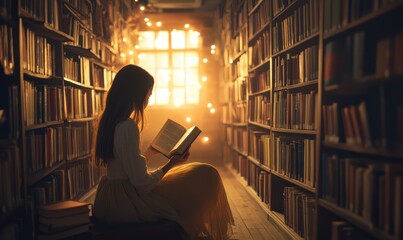 Young girl reading a book in a cozy library, warm ambient light and rows of books creating a serene and focused atmosphere,