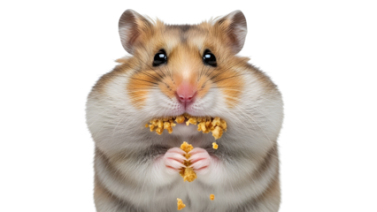 A close-up shot of a funny hamster with full cheek pouches eating food, isolated on white background