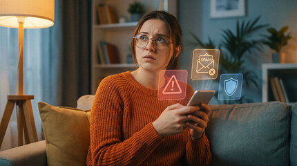 Woman using phone with holographic security icons in living room