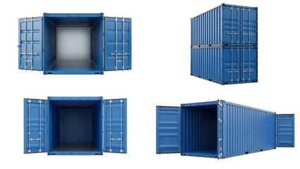 Blue Cargo Shipping Container Mockup Set with Open Doors and Stacked View Isolated on White