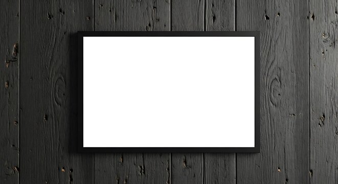 Blank white rectangular picture frame with a clean canvas mounted on a dark, rustic wooden wall, providing a minimalist backdrop