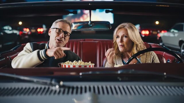 Nostalgic couple enjoys popcorn in their classic red convertible during a dark, cinematic drive-in movie night.