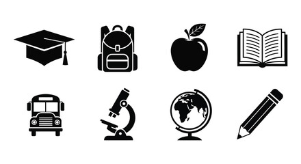 Education icons representing learning school knowledge and academic pursuits in a dark silhouette