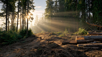 Sunlight filters through trees in a logging area during early morning hours