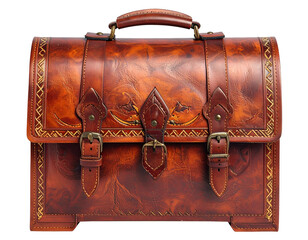 Ornate, brown leather briefcase with buckle closures and handle