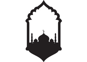 Silhouette of mosque with domes and minarets inside ornate arch frame — Islamic architecture vector icon © Ahamed