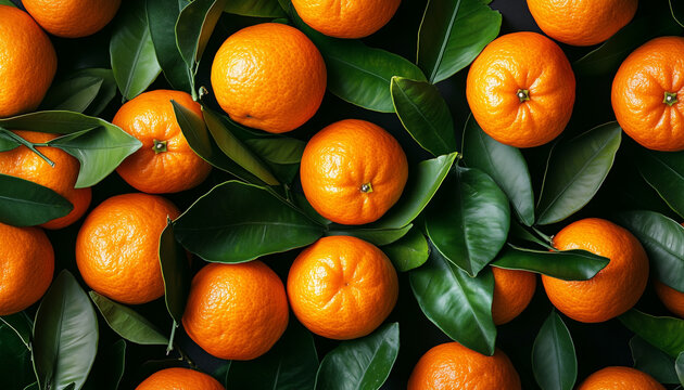 Big pile of oranges with green leaves lies. Citrus fruits are fresh and juicy. Many mandarins at market