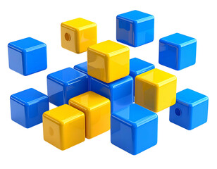 Scattered glossy blue and yellow toy cubes, some stacked, black backdrop