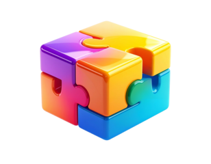 3D cube formed by four interlocking puzzle pieces with vibrant color gradients