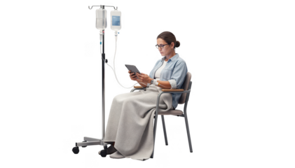 Adult patient seated on a chair with a blanket over their lap receiving chemotherapy through an IV drip engaging with a tablet on a plain white background.