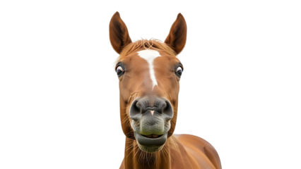 Funny Brown Horse Head with Wide Eyes and White Blaze on White Background