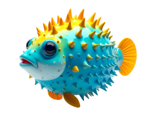 Brightly colored cartoon fish with sharp spikes, a big eye, and fins