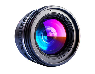 Gleaming, metallic camera lens, with vibrant, multicolored reflections