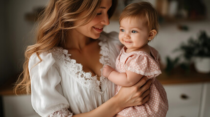 Young mother wearing white lace dress holding baby girl faceless, infant in pink polka dot romper, maternal bonding, defocused background, with copy space