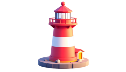 A red and white lighthouse stands tall on a stone base, beaming