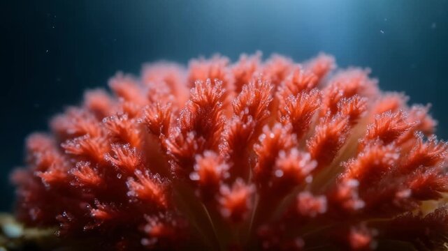 Close up of vibrant red coral reef in the deep ocean water.