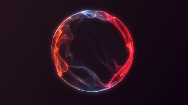 Abstract red and orange energy sphere with smooth glowing plasma flow on dark background, futuristic light orb with calm motion, sci fi digital power concept and cinematic depth