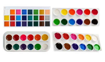 vibrant watercolor paint palettes with various colors, studio shot, isolated on a white background, perfect for art and craft projects.