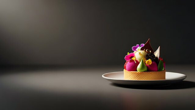 An elegant dessert tart with colorful fruits and delicate flowers is presented on a white plate.