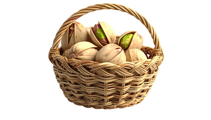 Close-up of a wicker basket overflowing with open pistachios